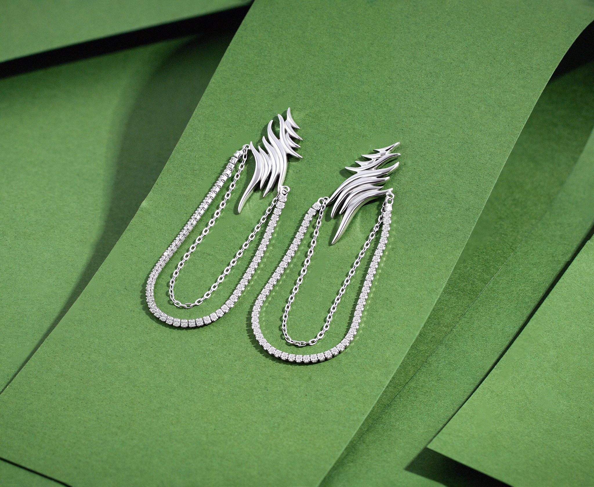 Sleek Flame Wing Layered Chain Earring - Image 2