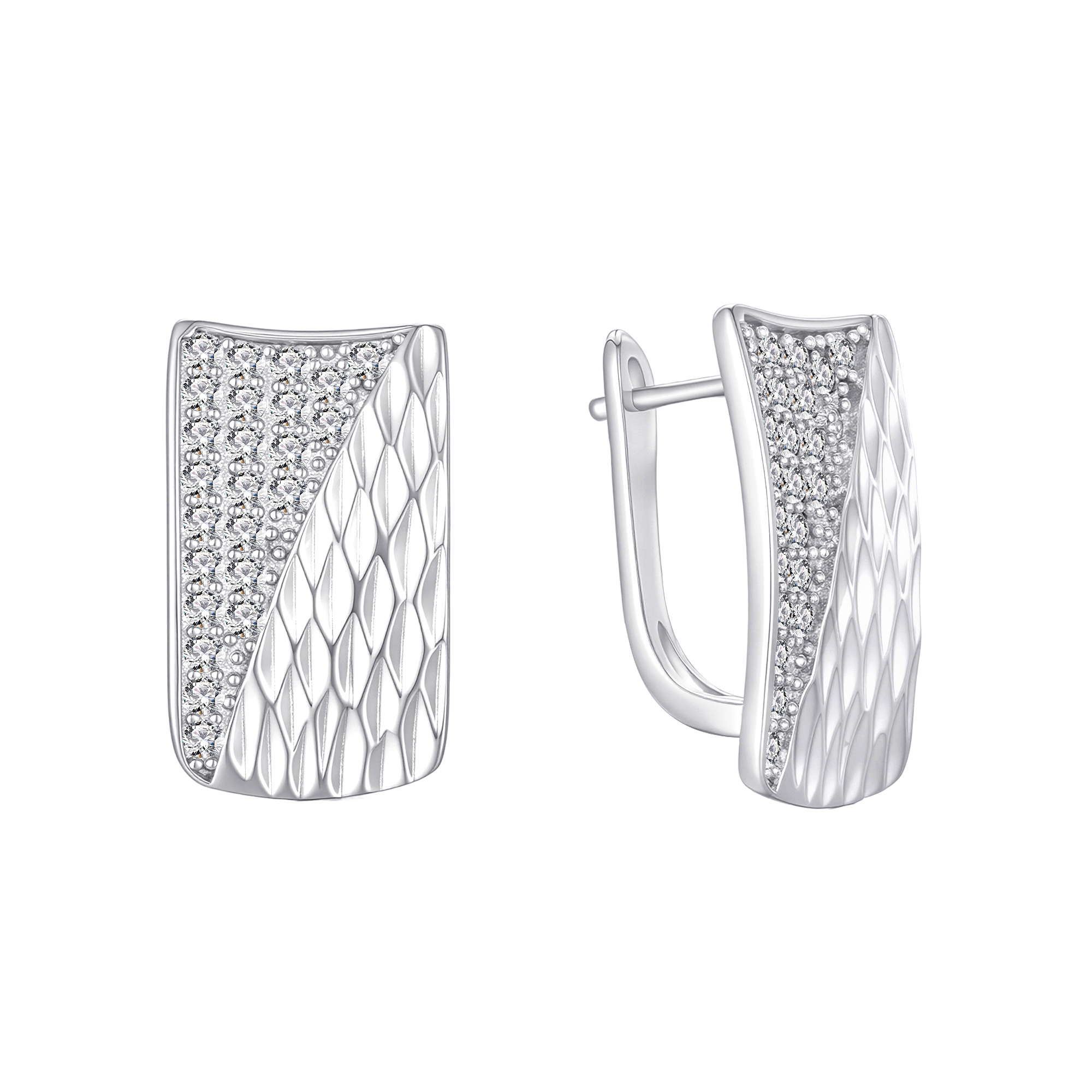 S925 Silver Textured CZ Paved Hoop Earrings