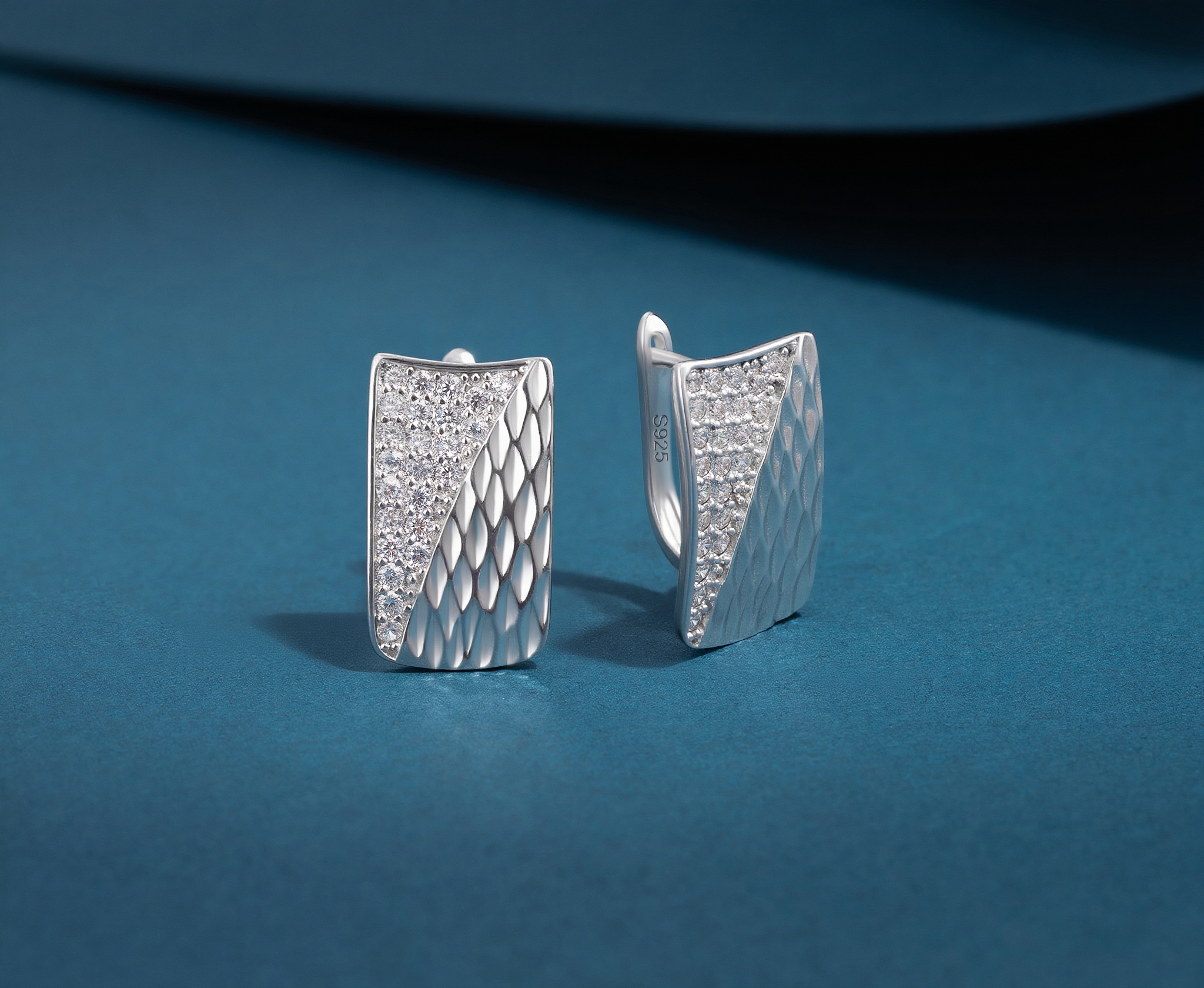 S925 Silver Textured CZ Paved Hoop Earrings - Image 2