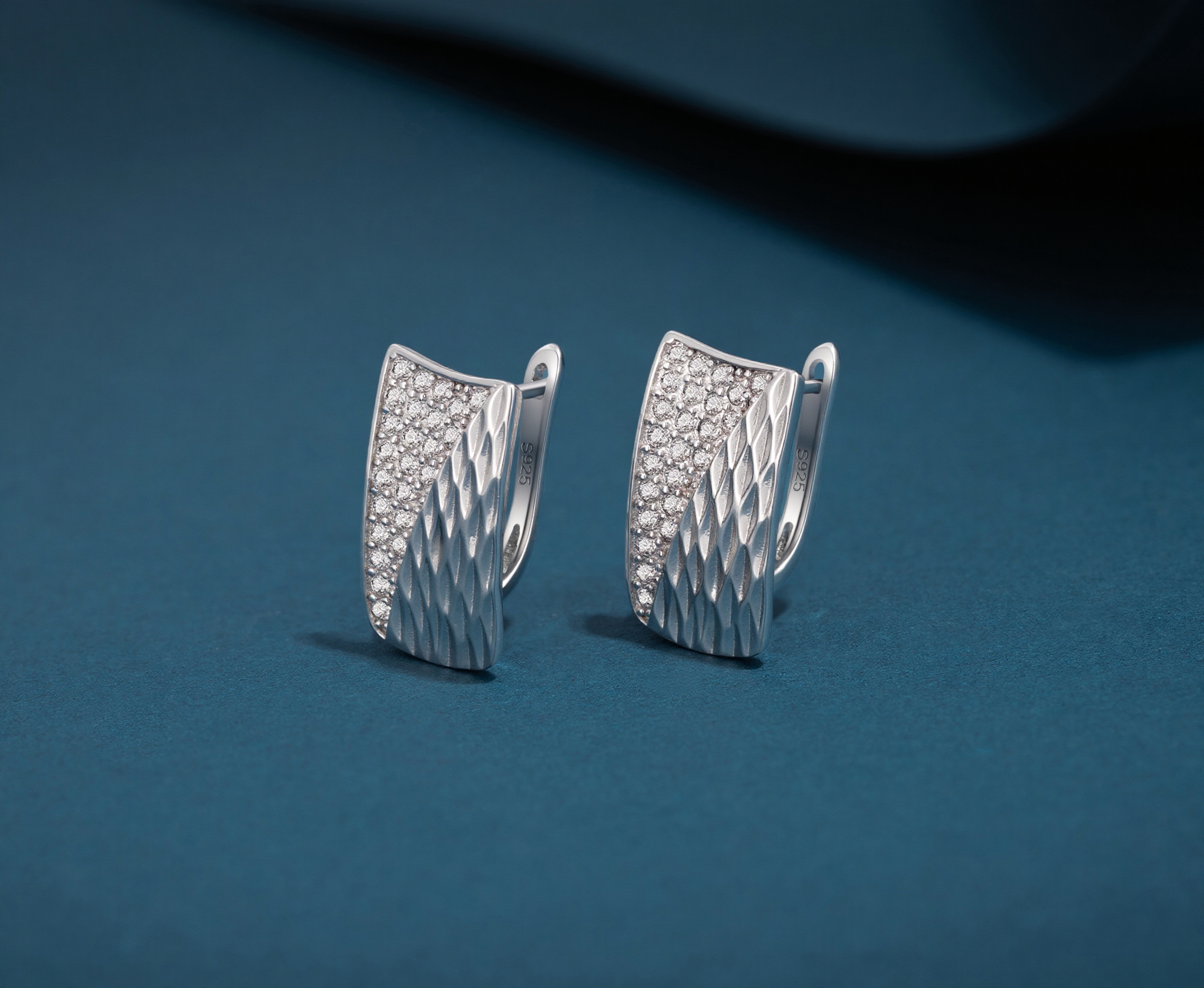 S925 Silver Textured CZ Paved Hoop Earrings - Image 3