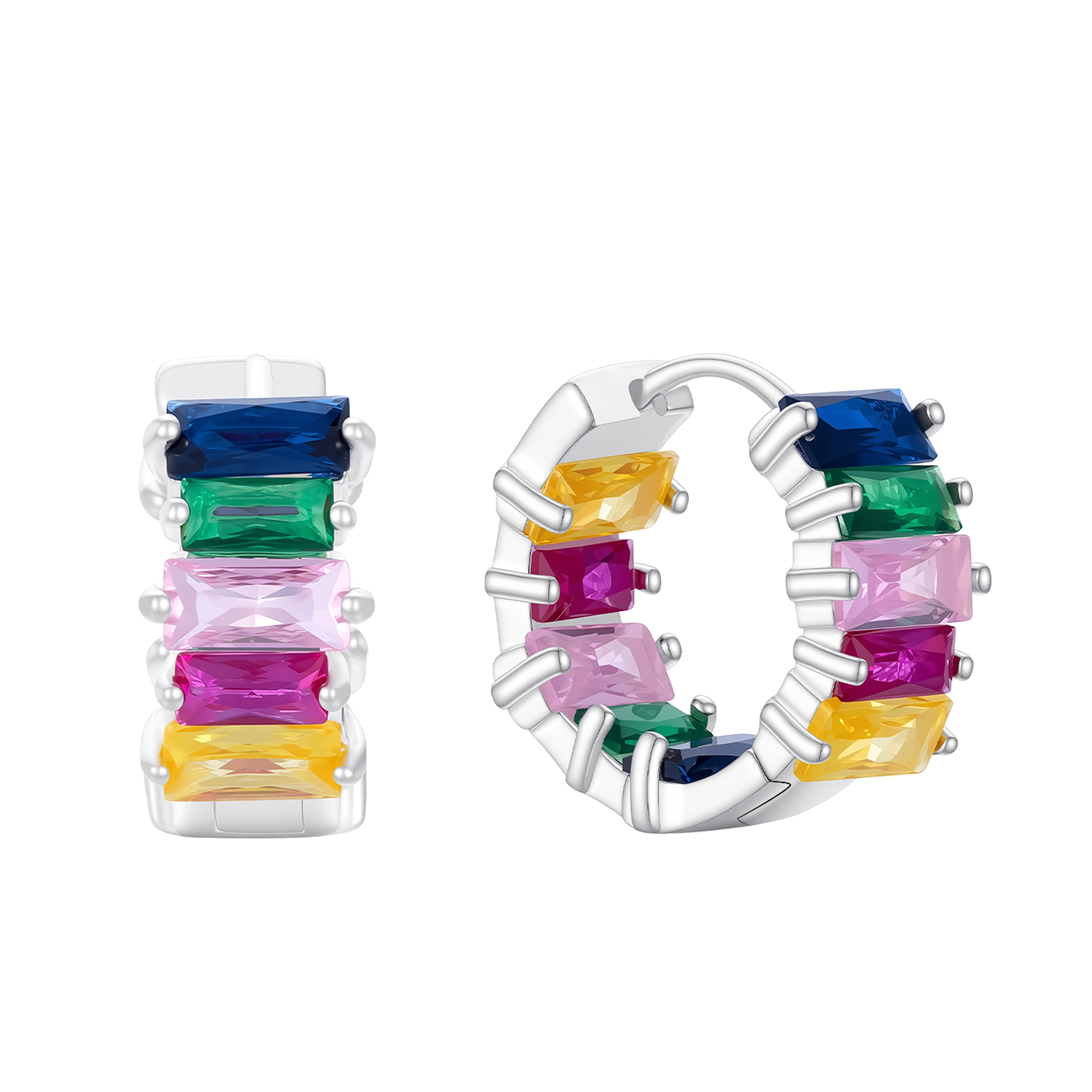 Rainbow Spectrum Baguette Cut CZ Huggie Hoop Earring
