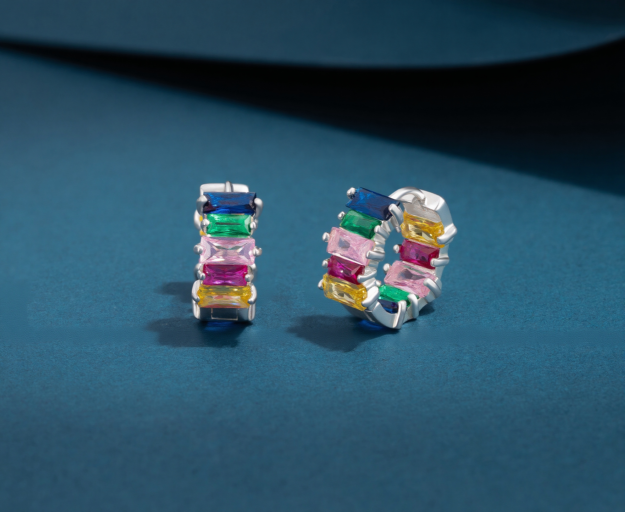 Rainbow Spectrum Baguette Cut CZ Huggie Hoop Earring - Image 2