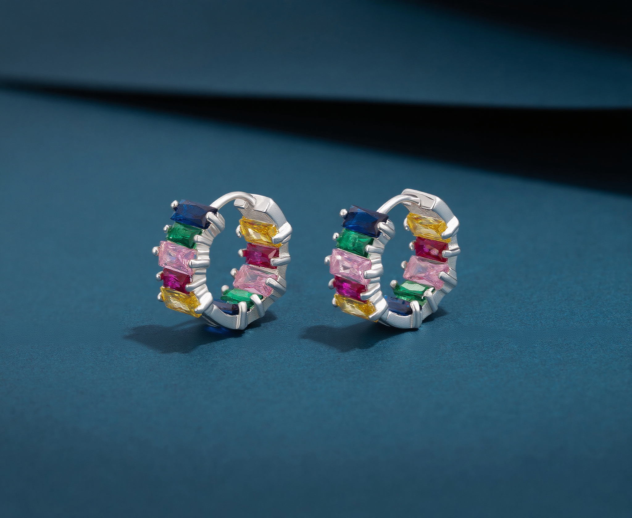 Rainbow Spectrum Baguette Cut CZ Huggie Hoop Earring - Image 3