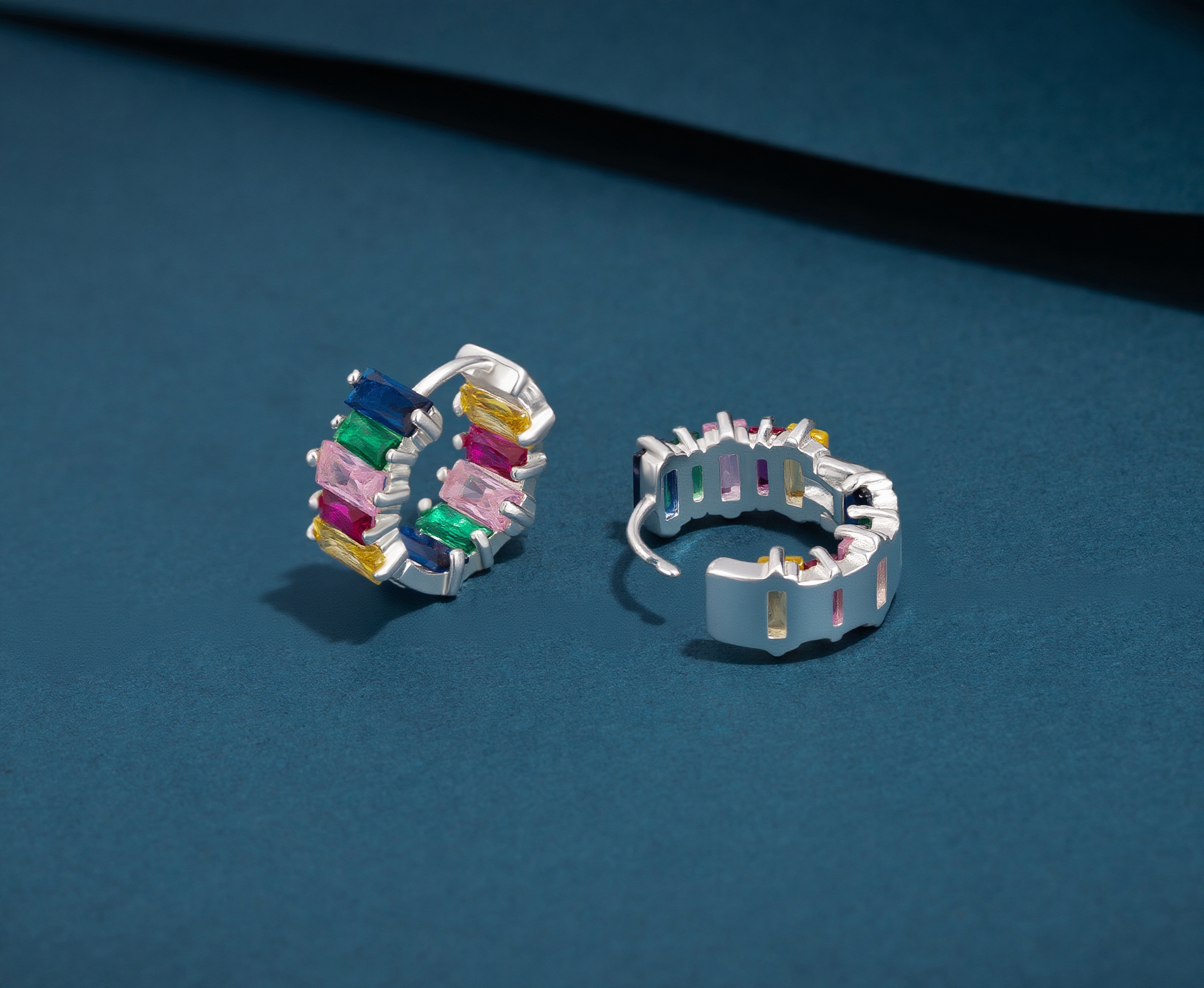 Rainbow Spectrum Baguette Cut CZ Huggie Hoop Earring - Image 4