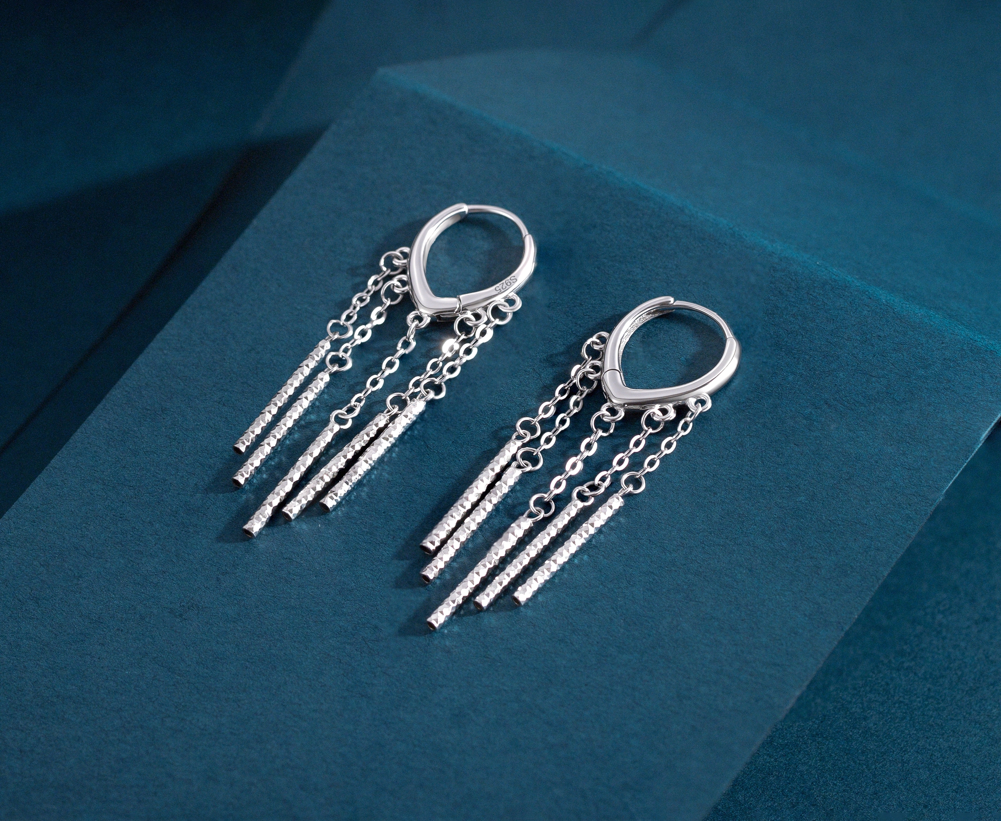 Sparkling Diamond-Cut Vertical Bar Tassel Hoop Earrings - Image 2