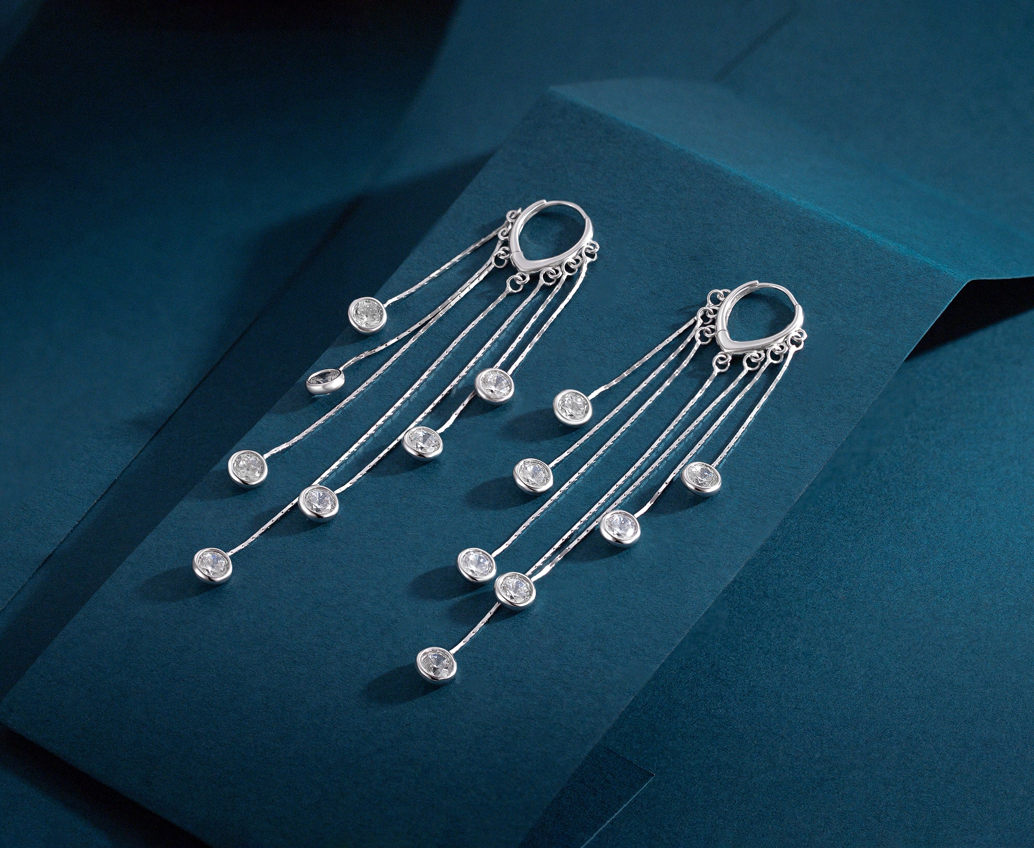 Dainty 7-Stone Bezel-Set Long Chain Tassel Dangling Earrings - Image 2