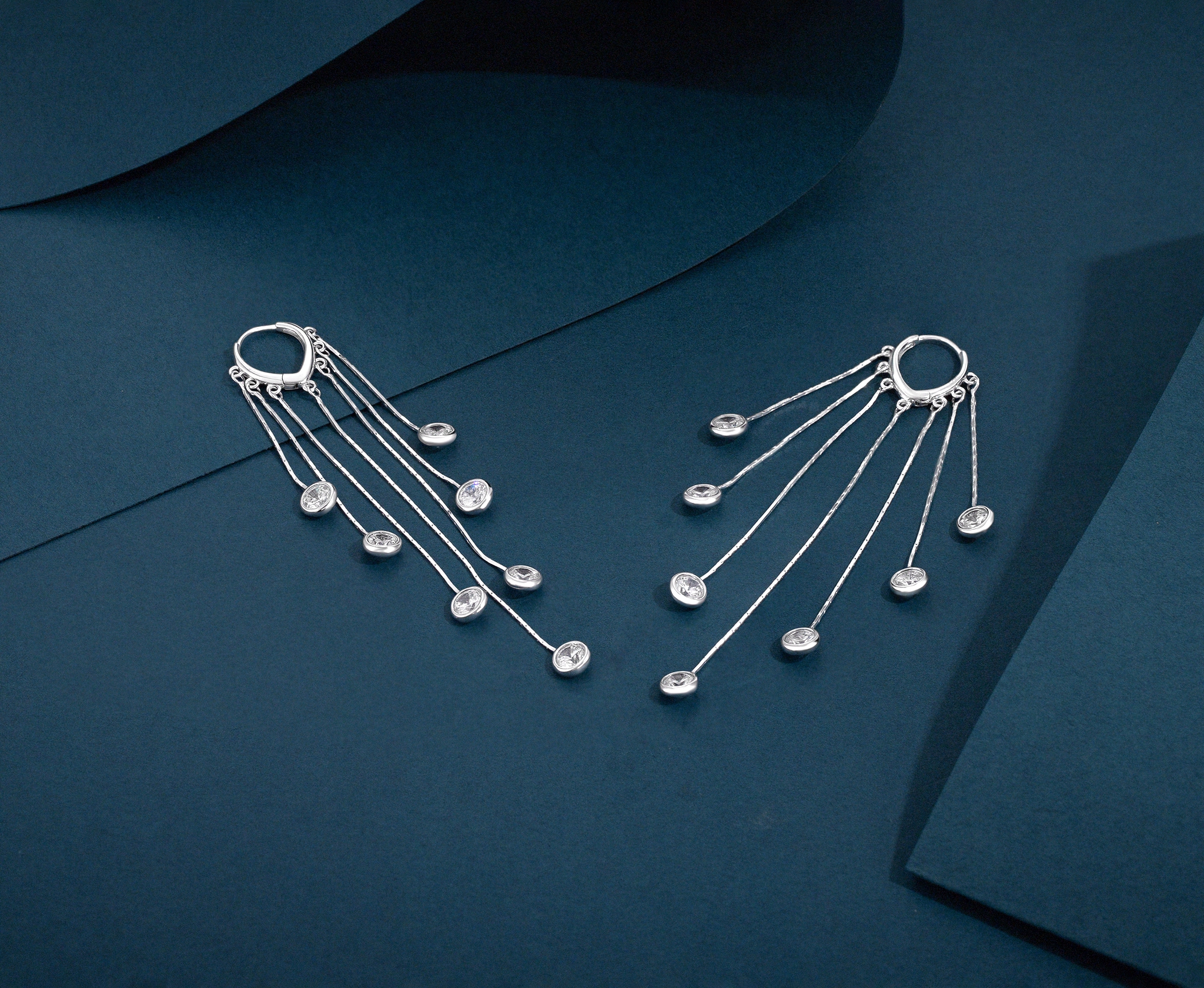 Dainty 7-Stone Bezel-Set Long Chain Tassel Dangling Earrings - Image 3
