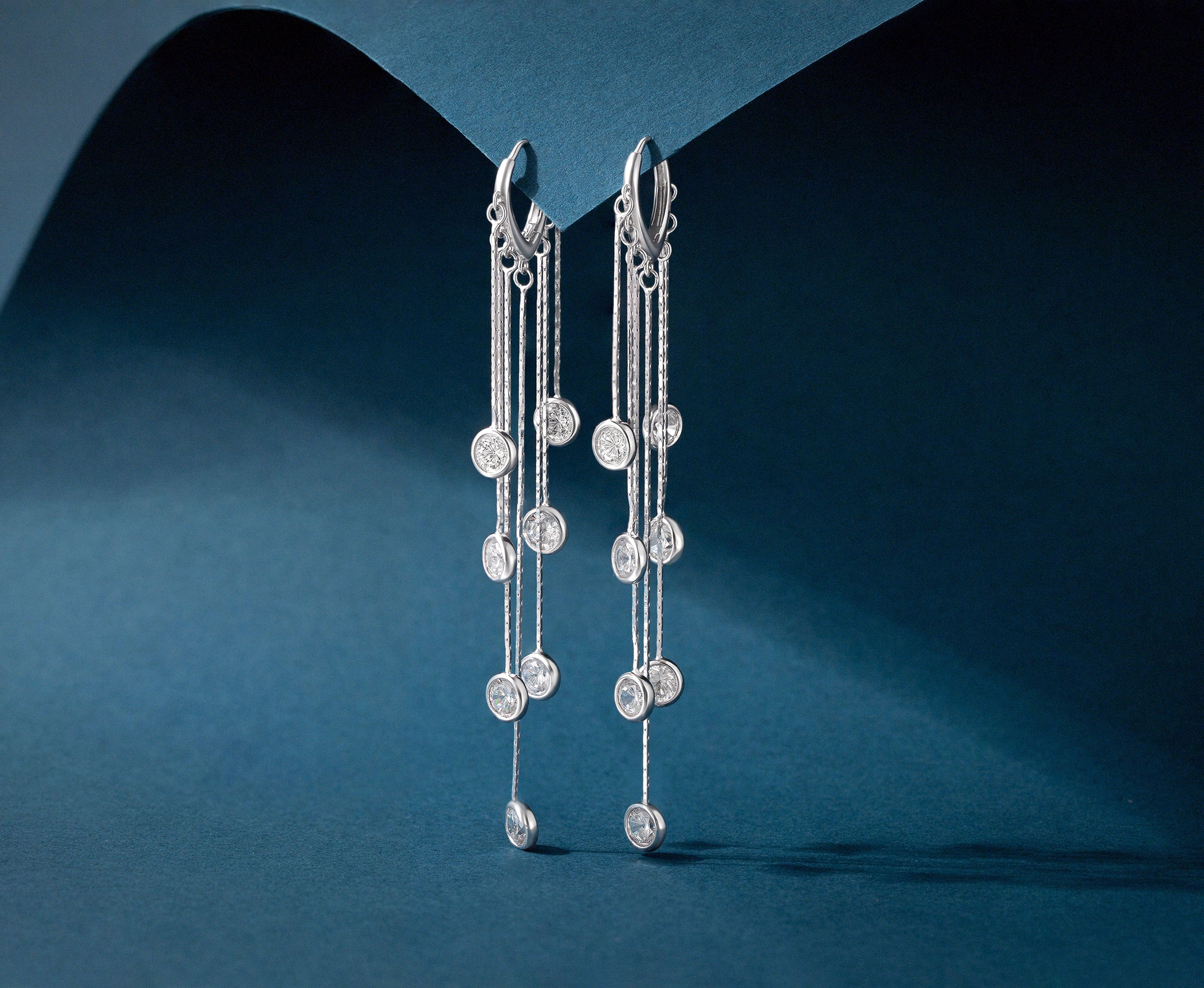 Dainty 7-Stone Bezel-Set Long Chain Tassel Dangling Earrings - Image 4